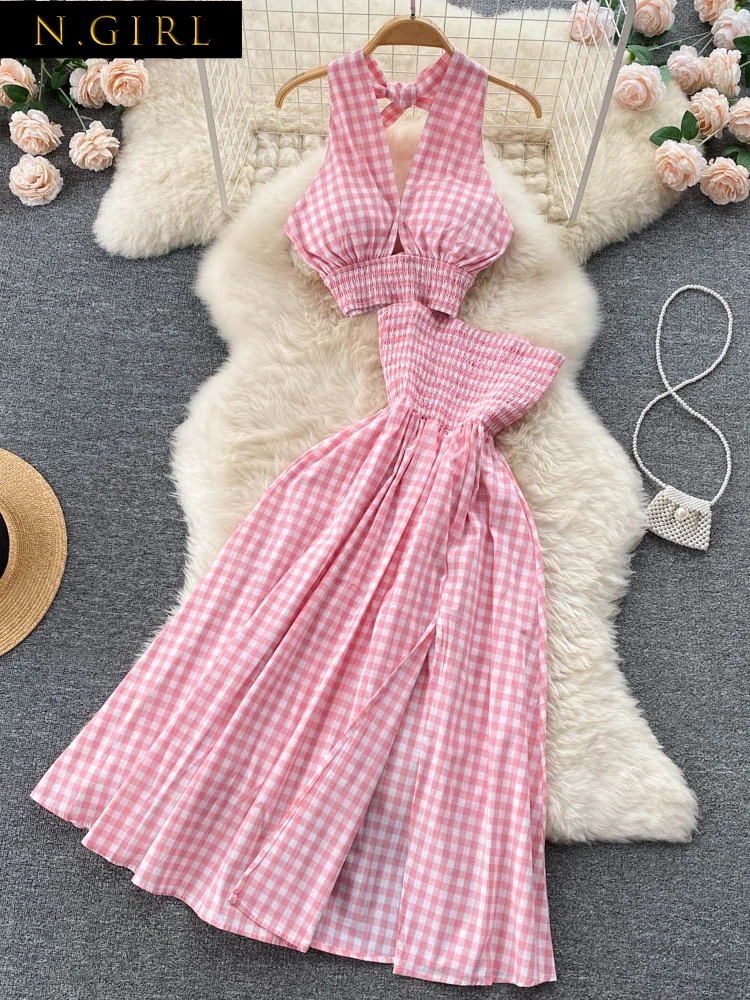 

Gaganight Women Ladies Halter Neck Short V neck Top Tube Top Plaid Suit Female 2022 French New Temperament Split Dress Two piece