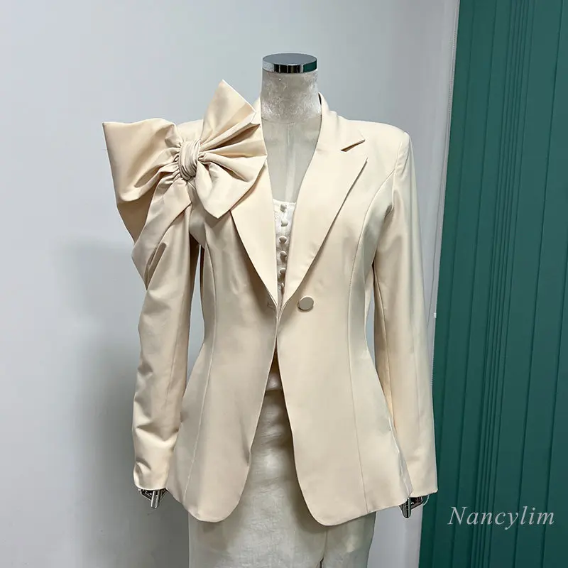2023 Spring New Bow Decoration Irregular Design Waist-Slimming Thin Suit Jacket for Women Sweet Apricot Blazer Coats Lady Office