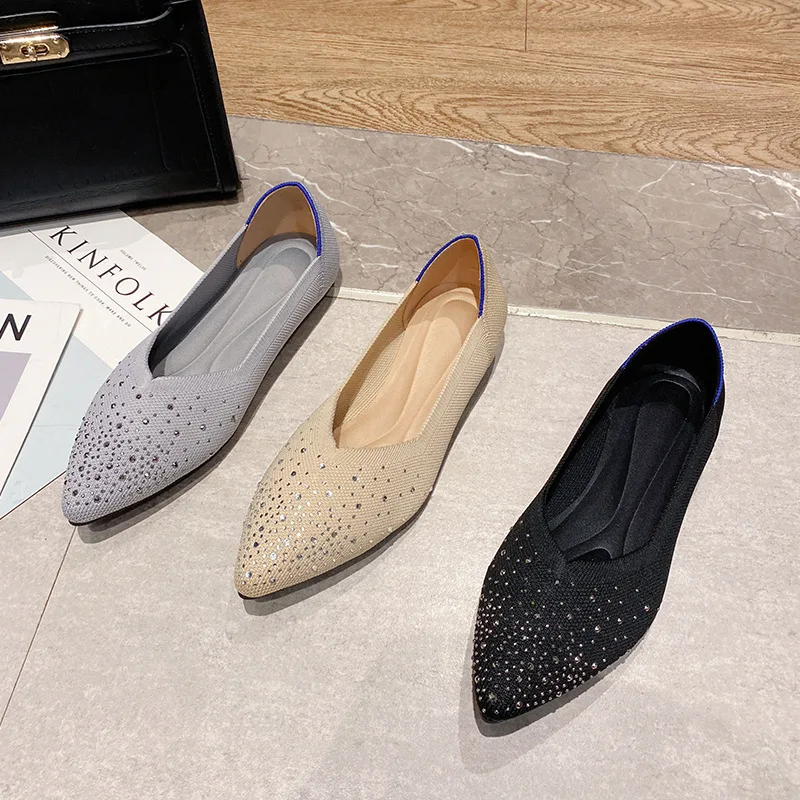 Autumn Shallow Mouth Casual Shoes Rhinestone Breathable Woven Boat Shoes Woman Knit Pointed Shoes Women's Flat Shoes Ballet Shoe