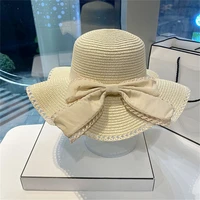spring summer elegant fisherman cap for women girls panama hat wide brim bow straw hat sun hat beach cap bucket hat