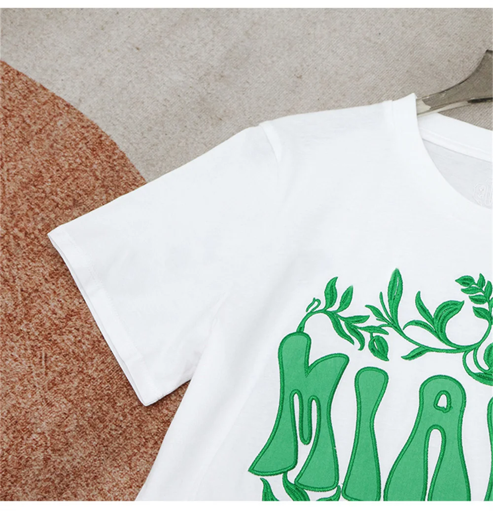 

New 2023 Women's Letter White Embroidery Round Neck T-Shirt Spring Summer Loose Cotton Short Sleeve