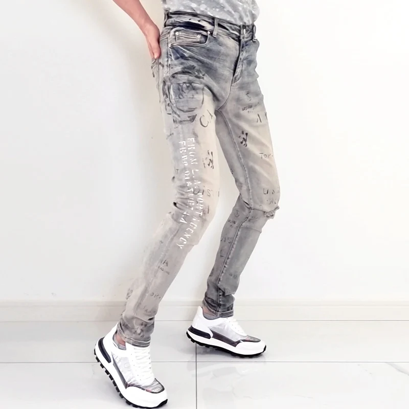Street Fashion Men Jeans Retro Yellow Blue Elastic Stretch Skinny Ripped Jeans Men Printed Designer Hip Hop Brand Pants Hombre
