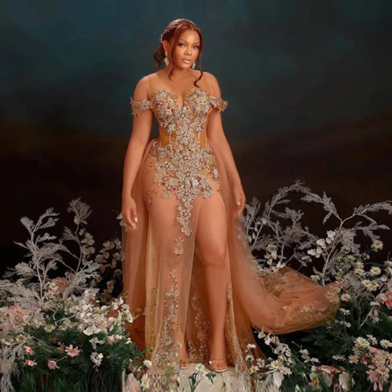 

Gorgeous Champagne Aso Ebi Arabic Prom Dresses Sexy Off The Shoulder Lace Appliques Side Slit Eveing Gowns African Party Dresses
