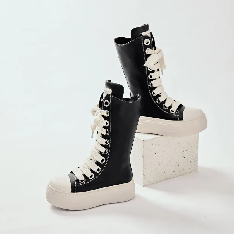 Женские высокие сапоги до колена из искусственной кожи на шнуровке