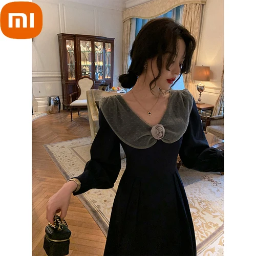 

Xiaomi Flower Vintage Party Long Dresses Ladies Black France Elegant Dresses Winter V-neck Slim Casual Korean Fashion Dress
