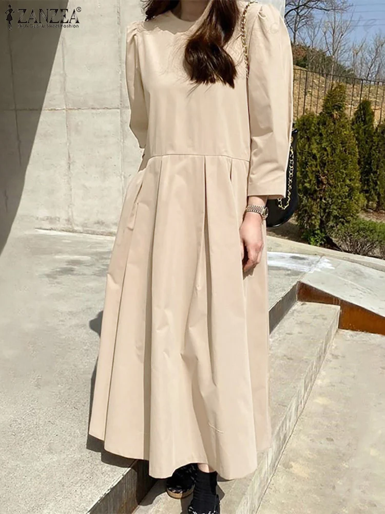 

Осенний сарафан ZANZEA, женское элегантное однотонное платье-Кафтан с рукавом 3/4, повседневное офисное платье до середины икры, женское платье,...