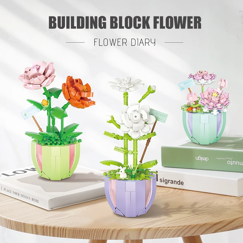 

Creative Assembly Toy for Children Green Plant Bouquet Bonsai Decoration 3D Model DIY Mini Diamond Blocks Bricks Building