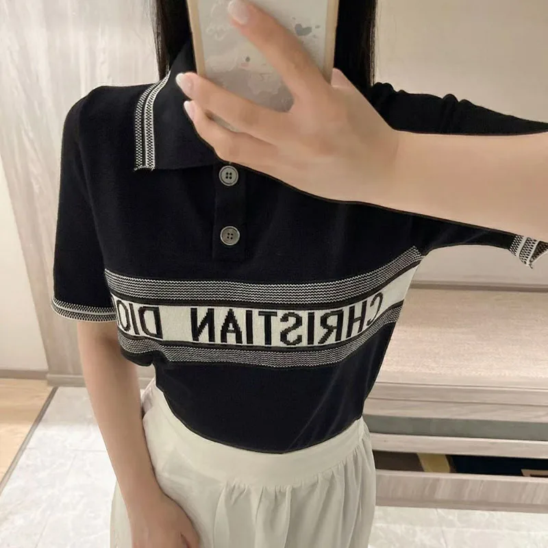 

Casual Knitted Sweater Pullover Turn-down Collar Short Sleeve Slim Fit T-shirt Female Summer Winter Jumpers Top Women Clothes
