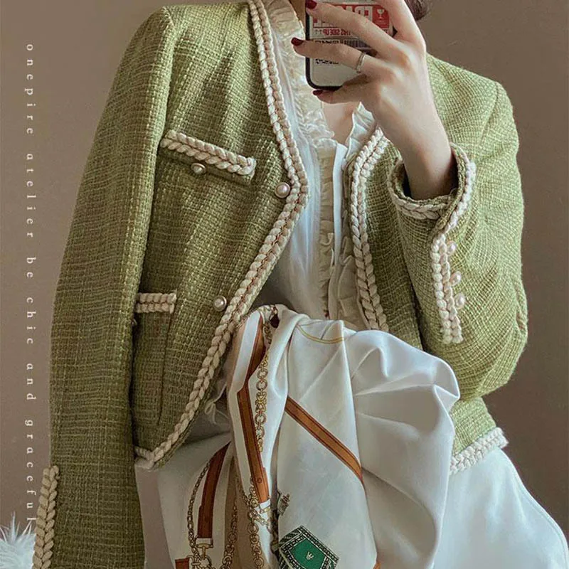 Autumn, Winter, Green, Small Fragrance, Chic Wool Tweed Coat, Vintage Wool Coat, Elegant Pearl Button Luxury Coat