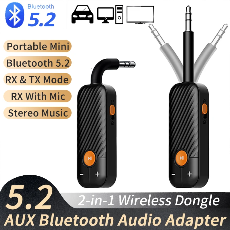 

Bluetooth 5.2 Transmitter Receiver 2 IN 1 AUX Bluetooth Audio Transmitter Portable Mini 3.5MM Lossless Stereo Wirleless Adapter
