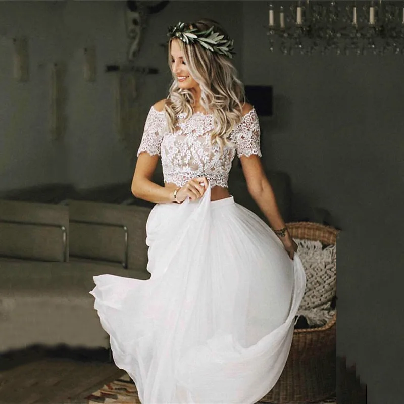 

Hot Sale Charming Boho Two Pieces Bridal Wedding Gowns Lace Top Short Sleeves Bateau Neckline Wedding Dresses for Bride