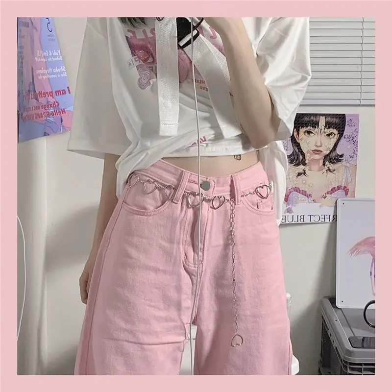 

Pink High Waist Baggy Jeans Women Summer Thin Straight Tube Loose Thin Wide Legs All-match Casual Trousers Female Denim Jeans