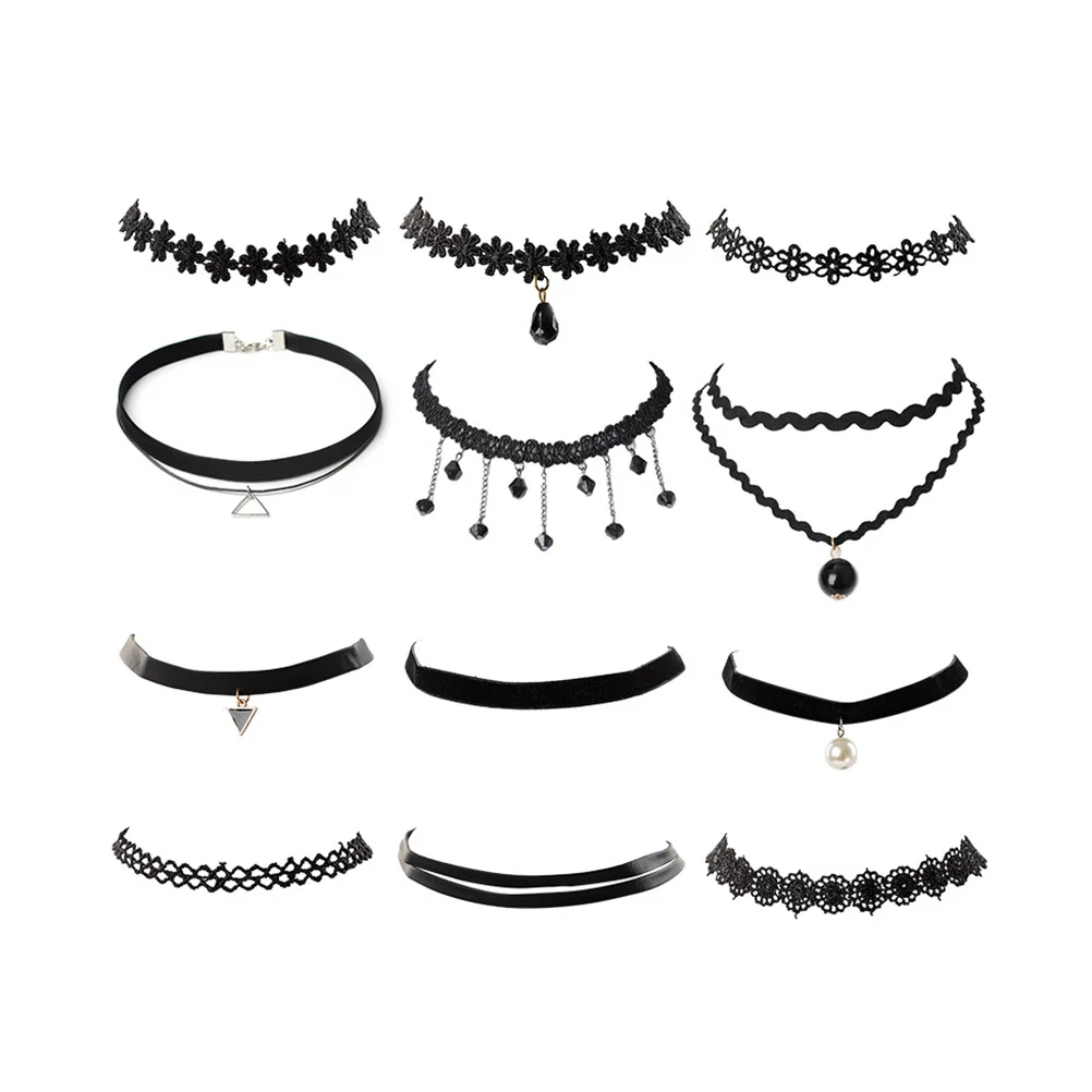 

12 Pieces New Simple Women Necklace girl Handmade Gothic Retro Vintage Women Lace Collar Choker Necklace Girl Accessories