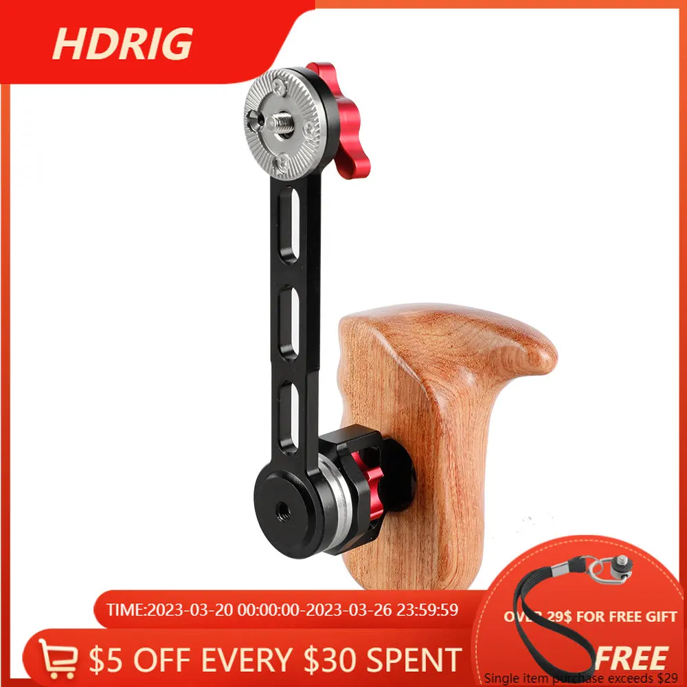 HDRIG Wooden Handle Grip with Nato Rail Rosette Extension Arm Connector Right Side for Camera Cage Shoulder Kit