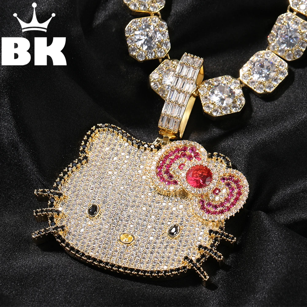 THE BLING KING Kawaii Hello Cat Pendant Necklace For Women Iced Out Cubic Zircon Big Charm Y2K Luxury Lovely Jewelry Girl Gift