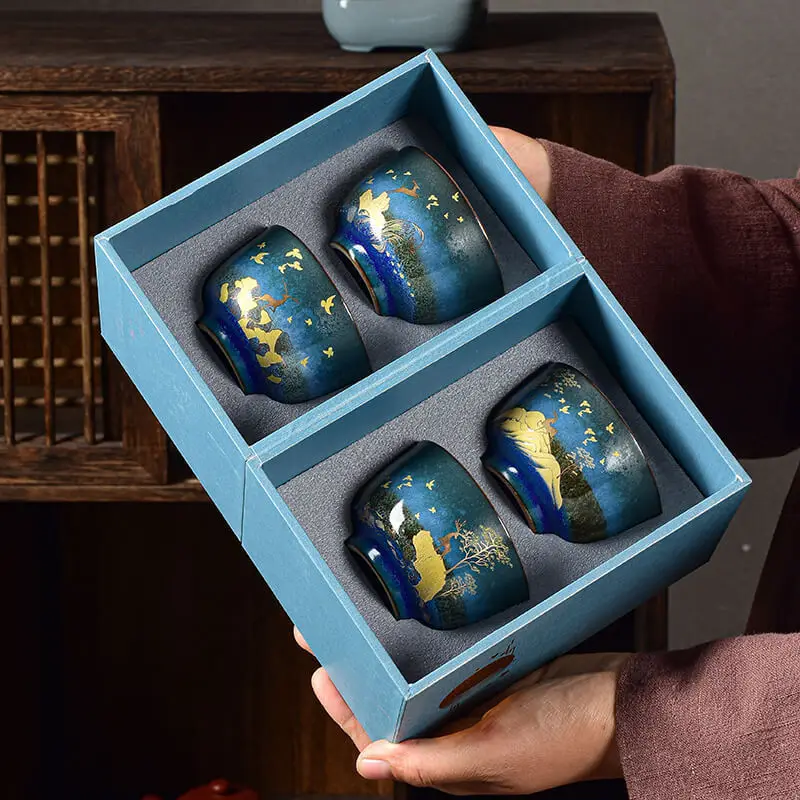 

Набор подарочных коробок с четырьмя чашками, керамический чайный набор с четырьмя чашками Lotus Rhyme Fuxing Tea Art, кухня, Ресторан, Бар, домашний сад