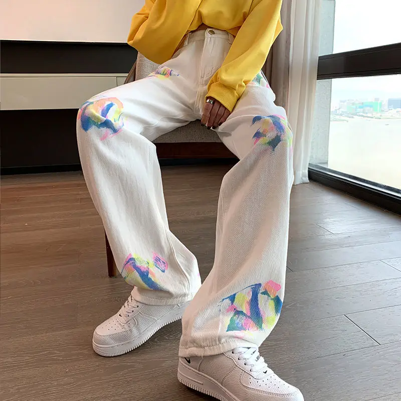 

Women's Graffiti Tie-dye Jeans Spring Summer High Street Straight Jean Pants Baggy Jeans Casual Denim Trousers White E167