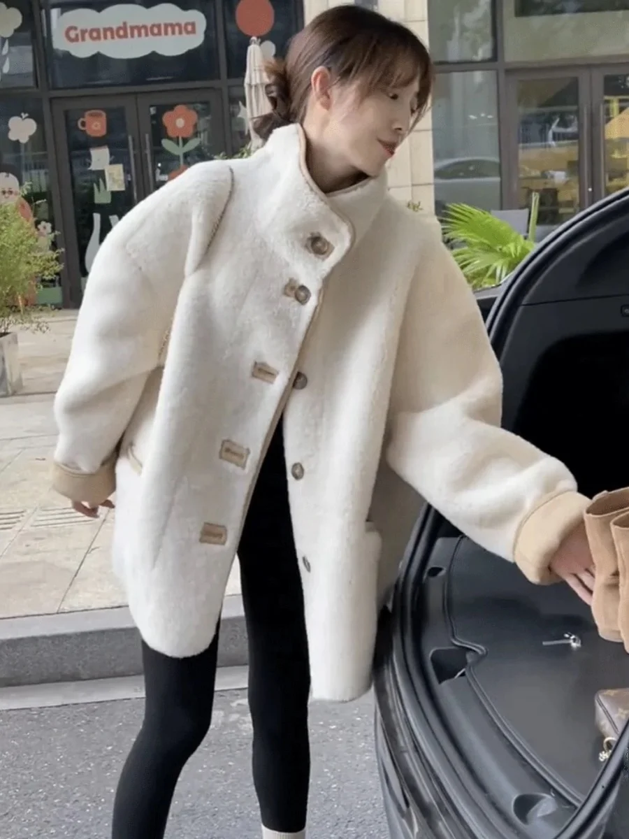 Stand Collar Short Fur Integrated Lamb Wool Outerwear Women Autumn and Winter New Idle Sle Loose Slimming Thickened Top |