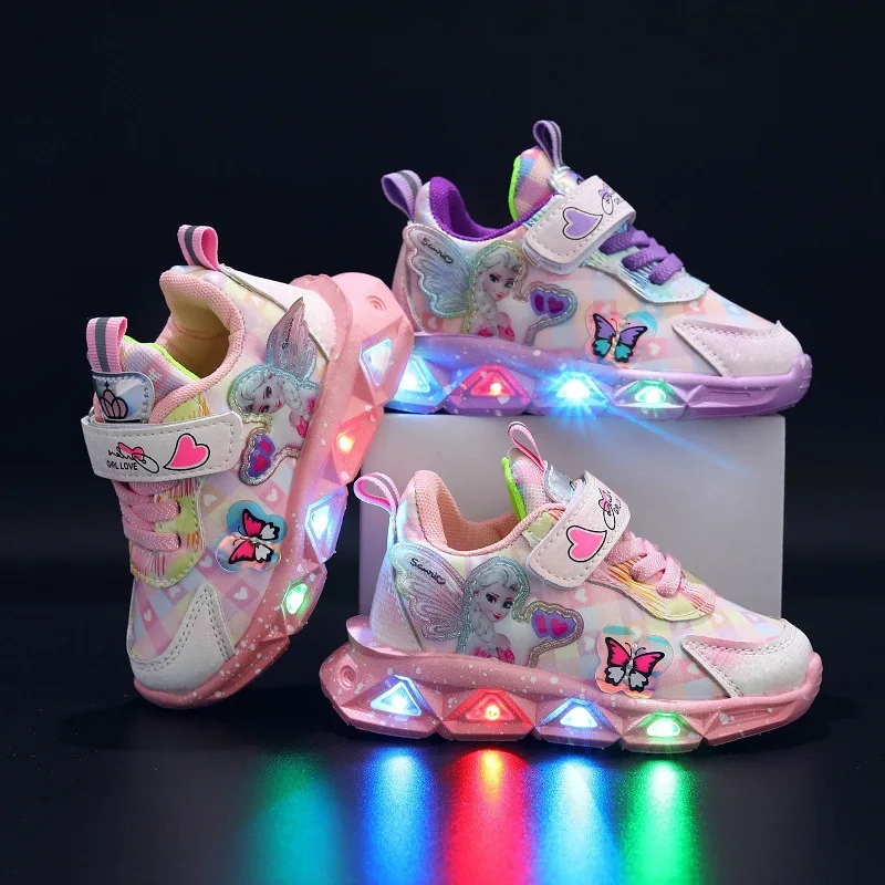 Fashion New Disney Frozen Princess Baby Girls Shoes LED Lighted Cute Noble Infant Tennis Toddlers 5 Stars Leisure First Walkers