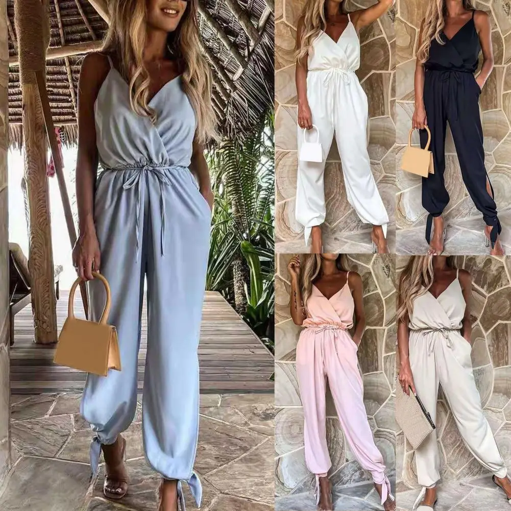 

Stylish Women Jumpsuit Lace-up Fashion Romper Solid Color V Neck Playsuit