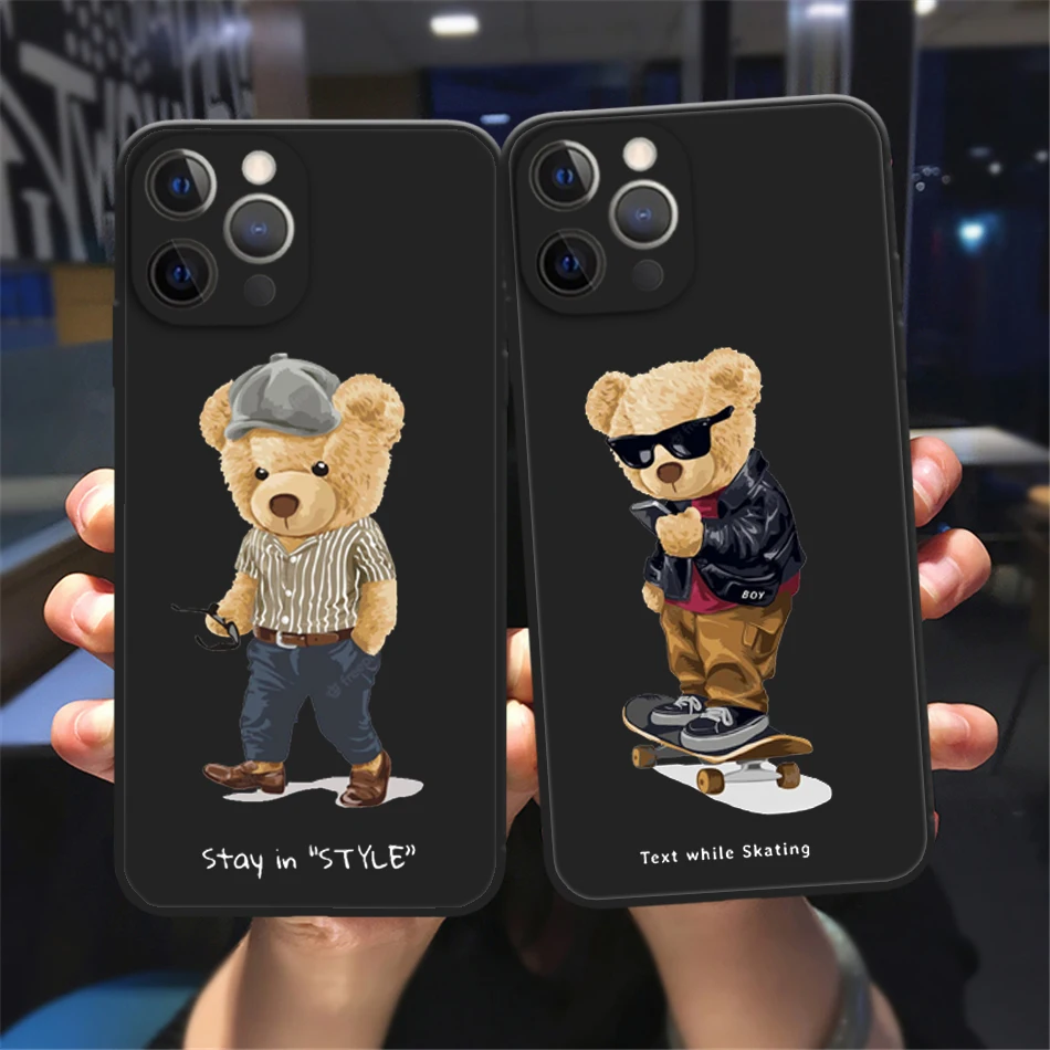 

Cute Fashion sports bear Phone Cover For iPhone 11 12 13 14 Pro Max X XR XS Max 7 8 14 Plus 13Mini Black Soft Silicone TPU Case