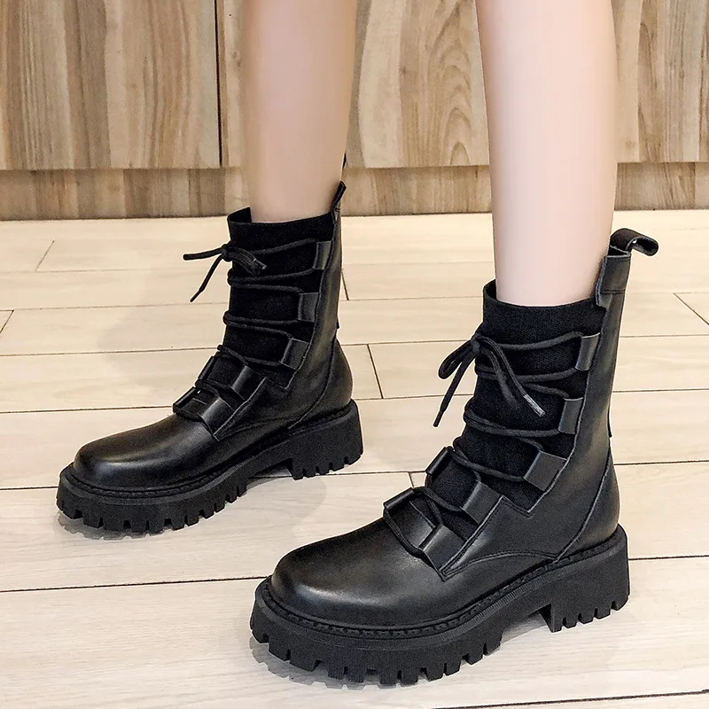 2022 Autumn New Women's Boots Thick Heel Low Heel Flying Knitted Stitching Boots Motorcycle Boots European and American