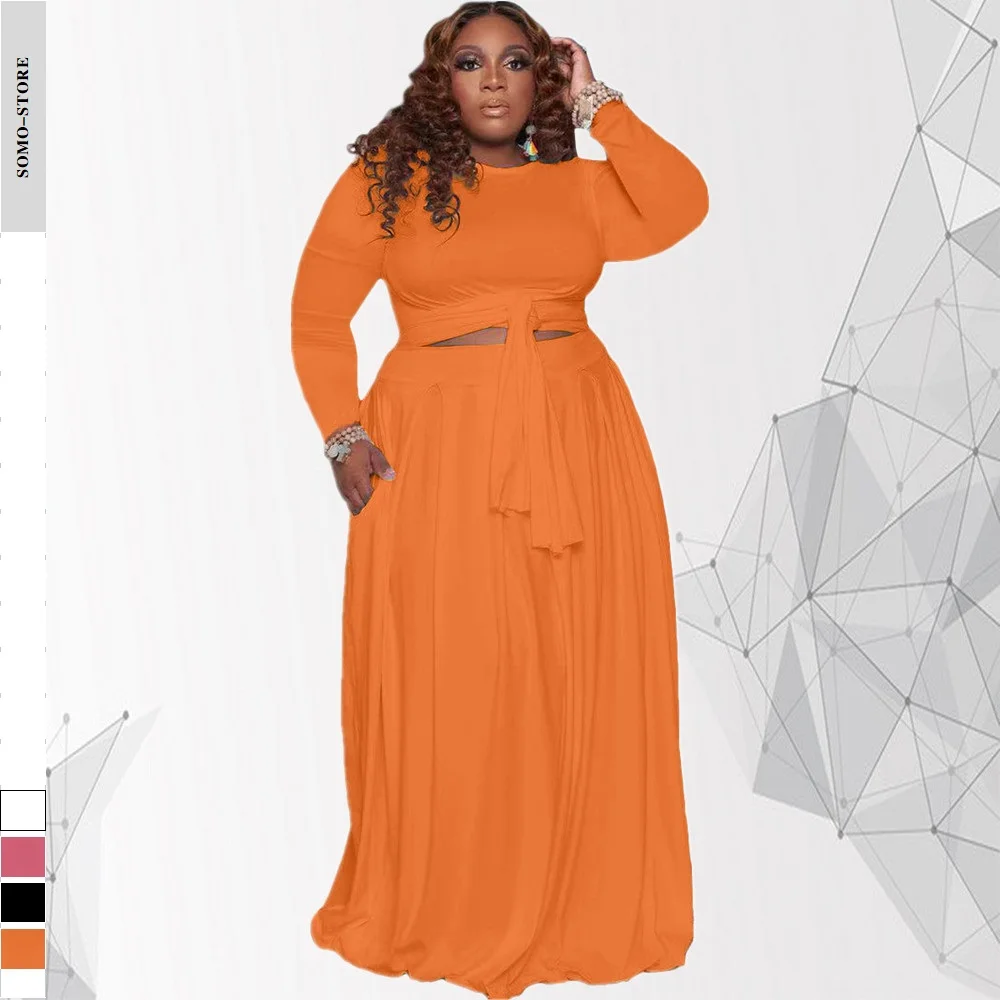 

Two Piece Plus Size Women's Clothing Casual Round Neck Bandage Tops Solid Color Pocket Skirt Suit Autumn Wholesale Dropshipping