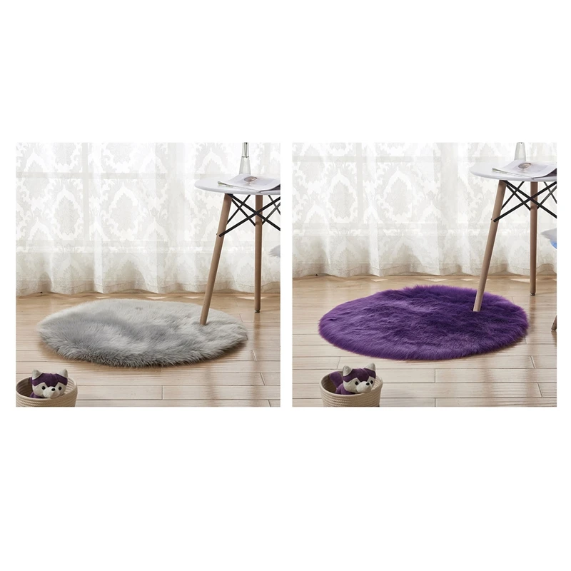 

2 Pcs Faux Sheepskin Wool Round Carpet 30 X 30 Cm Fluffy Soft Longhair Decorative Carpet Cushion Chair Sofa Mat, Purple & Grey