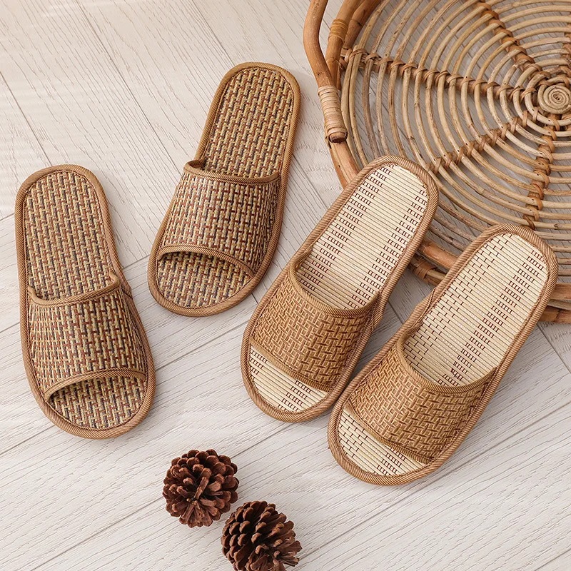 Rattan Home Linen Slippers for Women Men Summer Wisteria Woven Cooling Floor Indoor Slides Unisex Bedroom Shoes Mujer Zapatilla