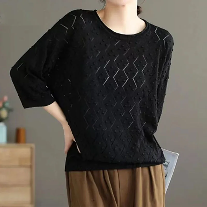 Женский Однотонный пуловер с полурукавами повседневный винтажный круглым