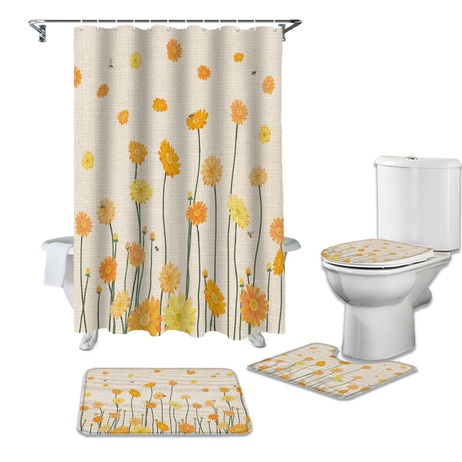 

Желтая Маргаритка цветок и пчела для душа, Противоскользящие коврики, набор крышек для унитаза, водонепроницаемые занавески для ванной ком...