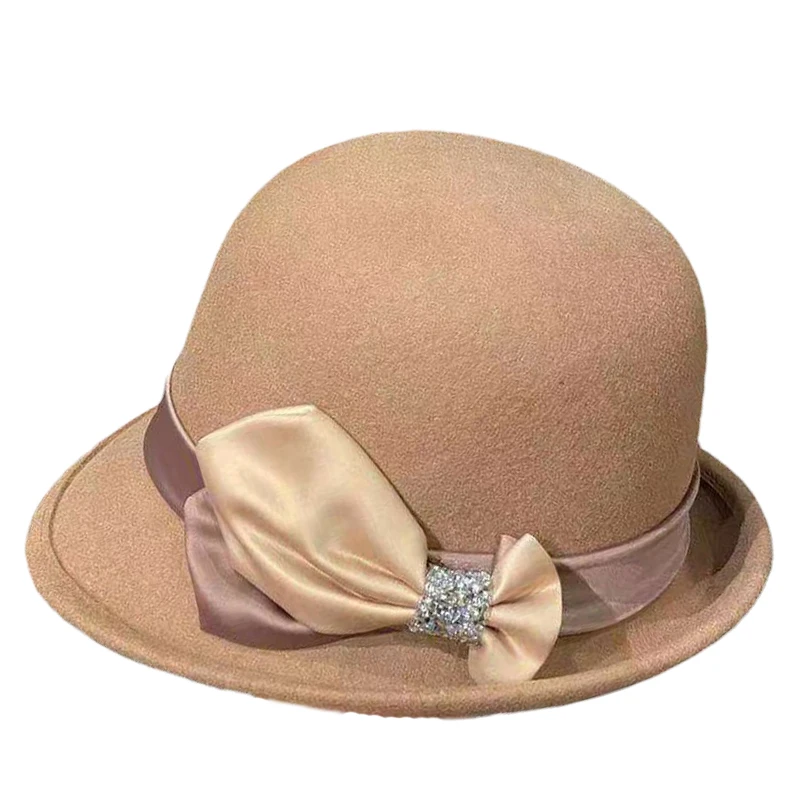 Elegant Rolling eaves Fedoras Hat Women New Ribbon  winter uxury designer hat Woolen cloth Small basin cap sombreros de mujer