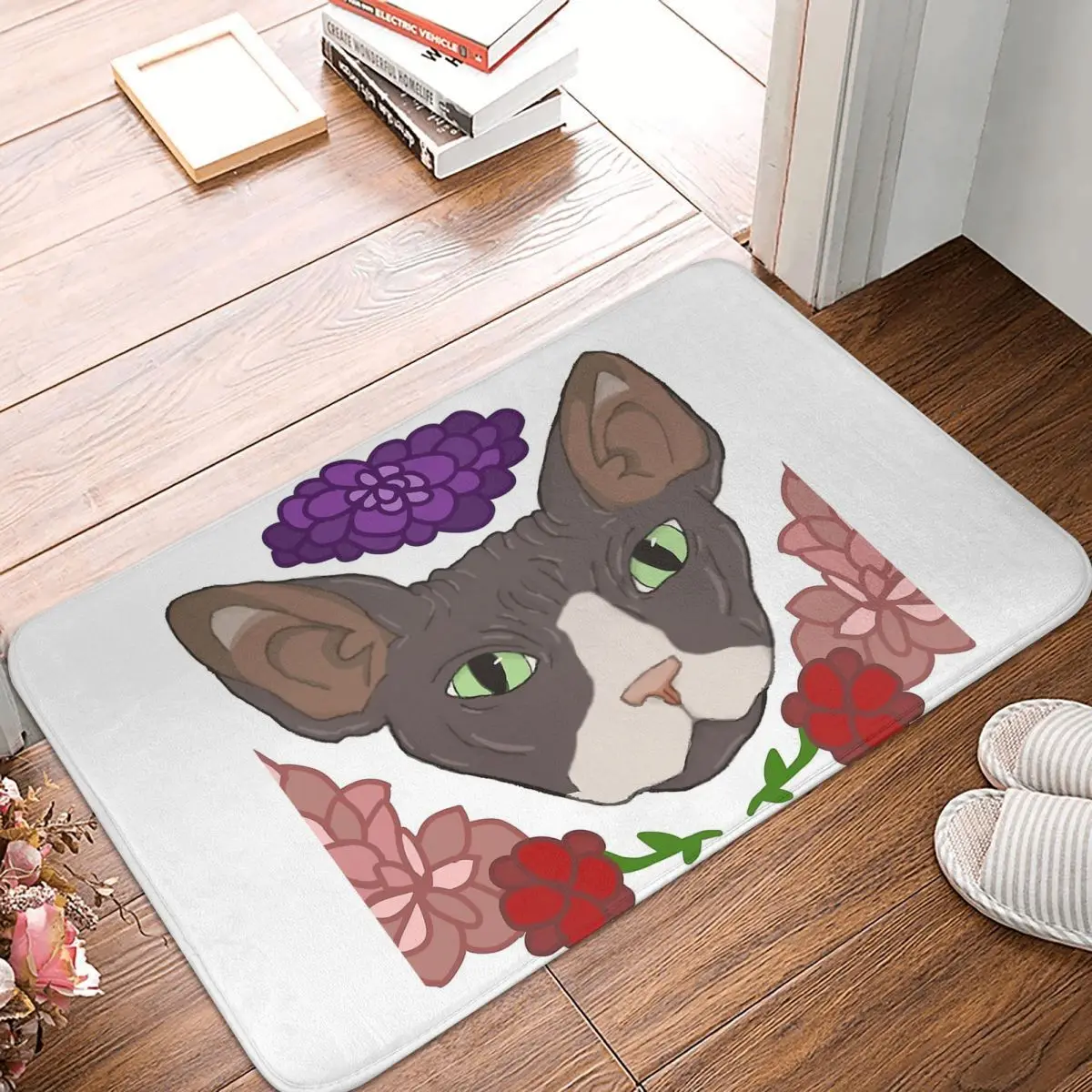 

Flowers And Hairless Cat Non-slip Doormat Bath MatSphynx Hairless Cat Hallway Carpet Entrance Door Rug Bedroom Decor