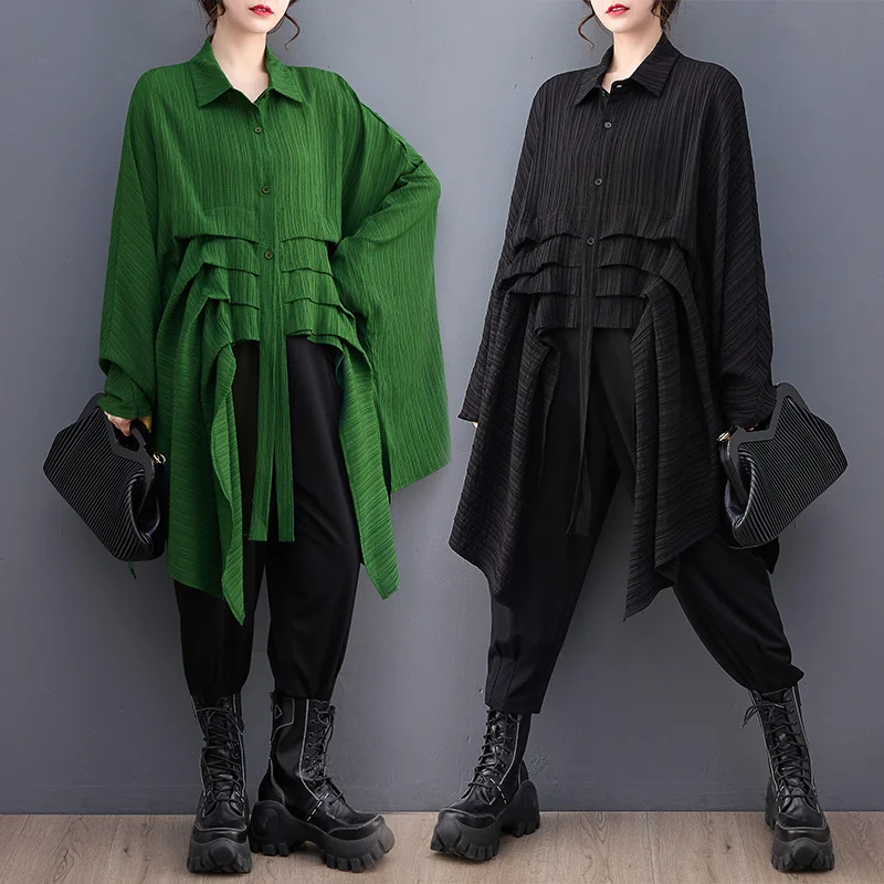 

Женская Асимметричная рубашка #2846, черно-зеленая свободная длинная уличная одежда с рукавами «летучая мышь», Женские топы и блузы в стиле хи...