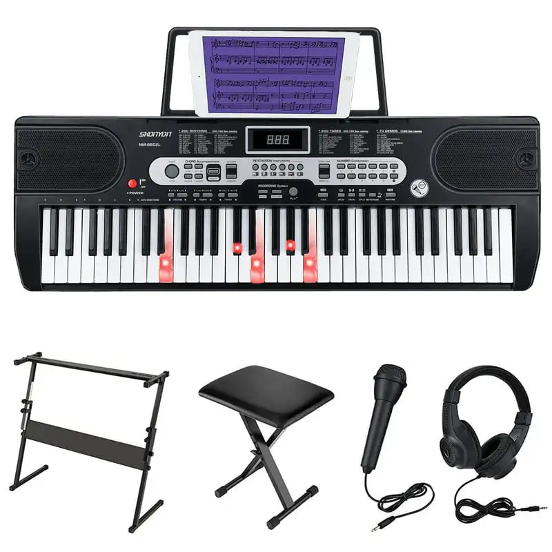 

61 Keys Keyboard Piano Set with Lighted Keys, Portable Electronic Piano Keyboard for Beginners