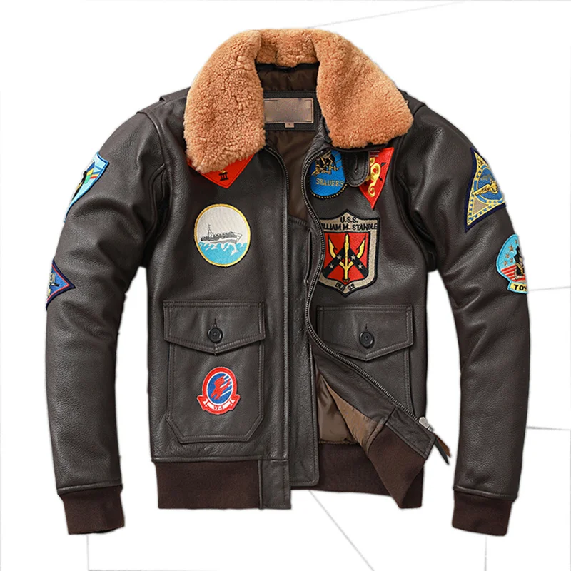 

Embroidery Aviator Bomber G1 Flight Jacket Cowhide Leather Coat Men Air Force Winter Clothing AviationCoats Real Fur Collar M-XL