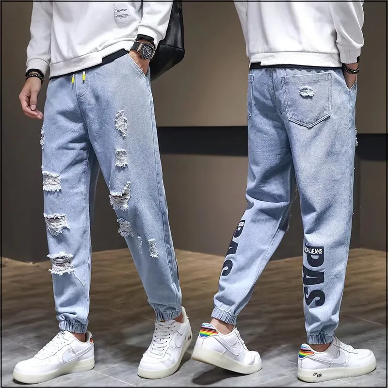 

Newest Men's Ripped Jeans Motorcycle Style Korean All-match Harajuku Style Ins Beam Feet Casual Men Denim Pant