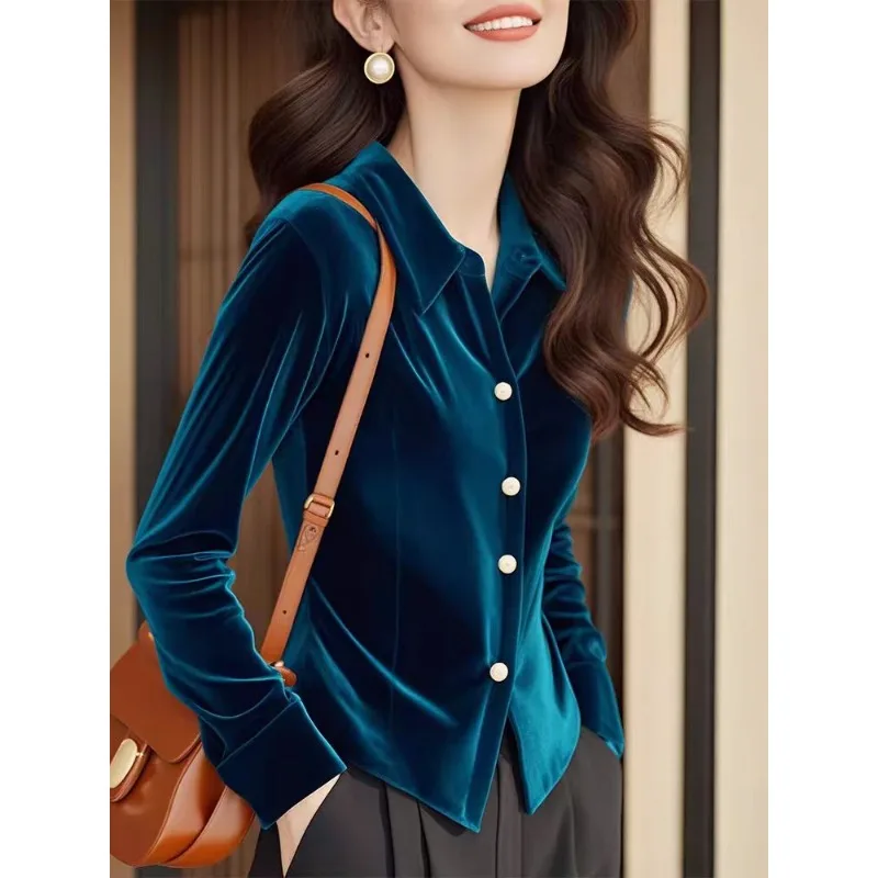 Французские синие бархатные рубашки с лацканами женские осенние и зимние Young Wind