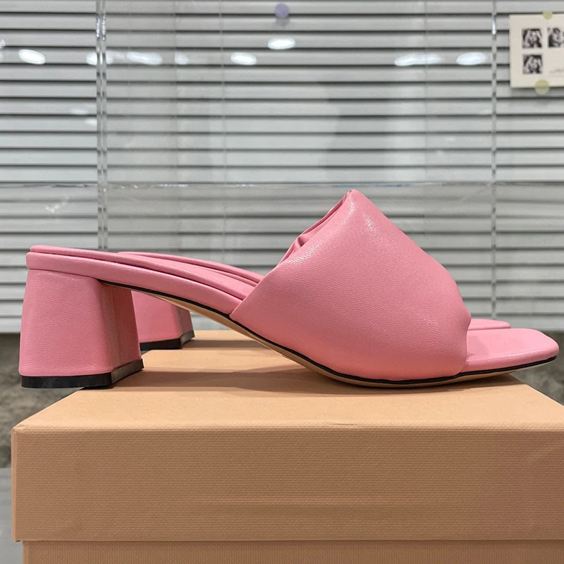 

New Women Slippers Summer Genuine Leather Material Open Toe Design Middle Heel Sandals Simplicity Square Head Female Pumps