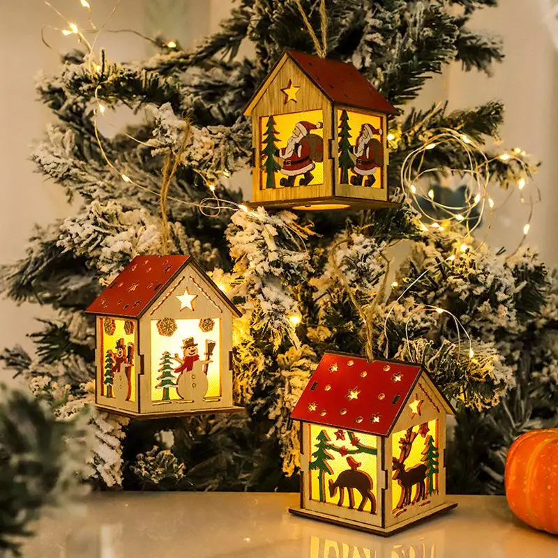 

Christmas Luminous Wooden House with Colorful LEDs Light DIY Wood Chalet Christmas Tree Hanging Festival Decorations Gifts