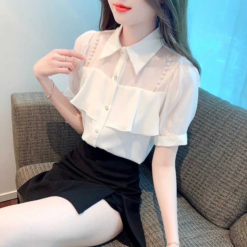 Женская шифоновая блуза с коротким рукавом отложным воротником и бисером