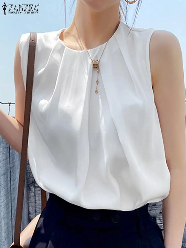 

Women Summer Sleeveless Blouse ZANZEA Fashion O Neck Solid Tops Femme Work OL Shirt Casual White Tops Beach Camis Holiday Mujer