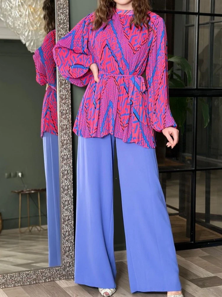 

2023 Summer New Pant Sets Fashion 2 Piece Sets Women Outfit Pleated Temperament Commuter Shirt High Waist Wide Leg Pants Suit