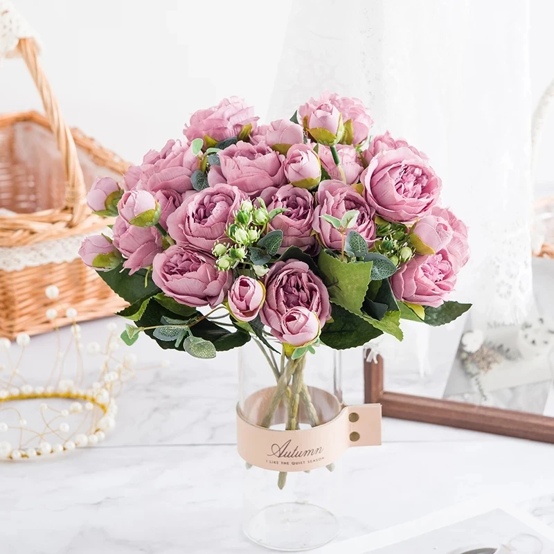 

Pink Artificial Flowers 9 Heads Silk Peony Bouquet Tea Rose Fake Plant For DIY Living Room Decor Garden Wedding Autumn Decorati