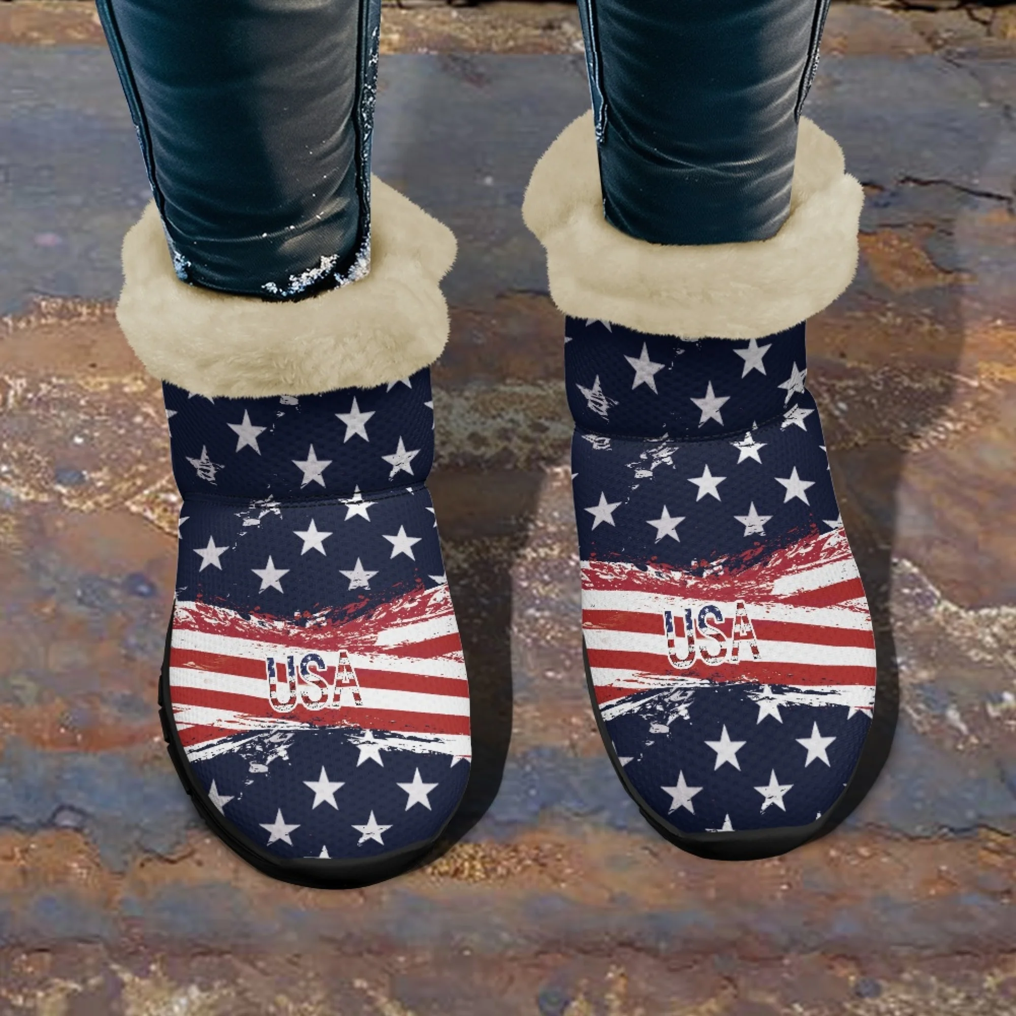 INSTANTARTS American Flag print Warm Fuzzy Snow Boots Women Winter Shoes Soft Comfort Ankle Short Plush frauen stiefel
