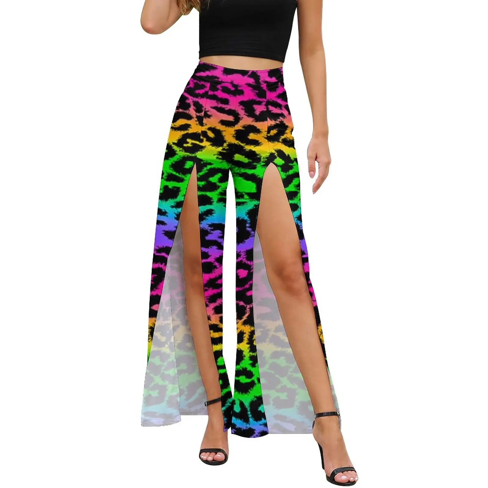 

Retro 80S Pants Summer High Waist Leopard Rainbow Print Trendy Wide Leg Pants Ladies Front Slit Harajuku Pattern Trousers