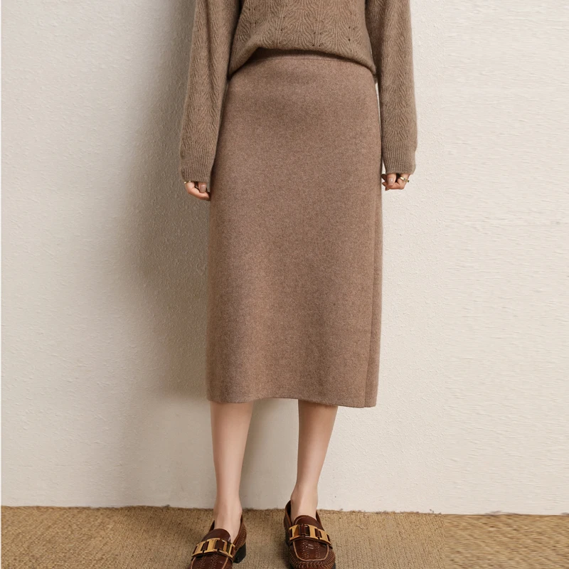 

Женская прямая юбка средней длины, осенне-зимняя прямая юбка из чистой шерсти с высокой талией и запахом на бедрах, 2022