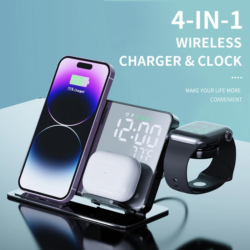 4 in 1 Wireless Charger Stand Pad For iPhone iWatch Airpods For Samsung Galaxy Fast Charging Dock Station LED Alarm Clock