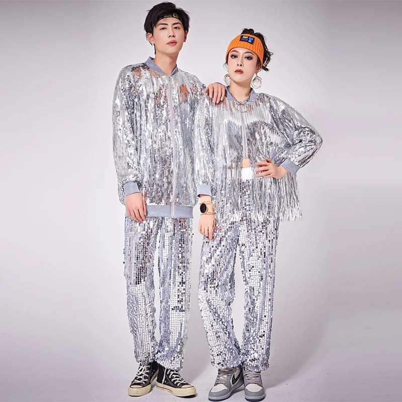

Adult Women Men Hip Hop Jazz Dance Costume Sparkly Sequins DJ Dancer Nightclub Stage Show Outfit Street Dance Battle Clothing
