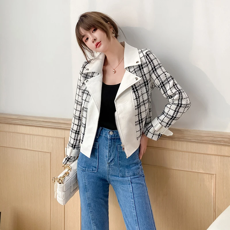 

Korean Tweed Splicing Faux PU Leather Jacket Autumn Women Black White Slim Short Outwear Lapel Long Sleeve Female Biker Jacket